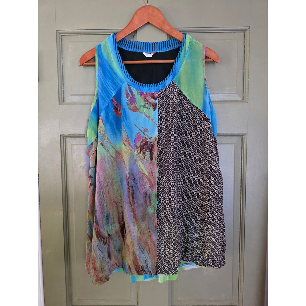 Kaktus Womens Abstract Floral Geometric Patchwork Sleeveless Blouse Blue Green M
